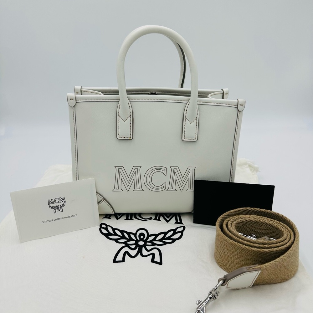 MCM Calfskin Mini Munchen Tote in White